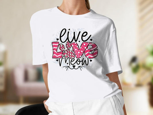 Live Love Meos, Cat Lover Colorful Tshirt for Women, Red and White Cat Lover Gift For Her, Gift for Cat Mama, Cat Present for Cat Owners