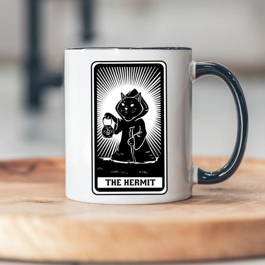 Tarot Card With a Cat Representing The Hermit, Hermit Cat Tarot Card, Black Cat Tarot Card Mug, Cat Dad Mom Mug,  Cute Cat Mug