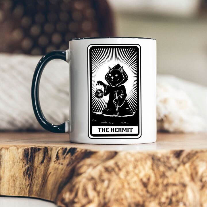Tarot Card With a Cat Representing The Hermit, Hermit Cat Tarot Card, Black Cat Tarot Card Mug, Cat Dad Mom Mug,  Cute Cat Mug
