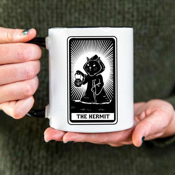 Tarot Card With a Cat Representing The Hermit, Hermit Cat Tarot Card, Black Cat Tarot Card Mug, Cat Dad Mom Mug,  Cute Cat Mug