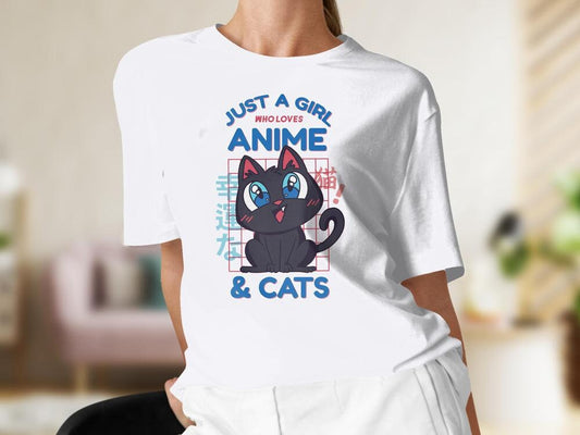 Cats and Anime Tee, Gift for Anime Lover, Just a Girl Who Loves Anime, Gift for Cat Lover, Anime Shirt, Cat Present