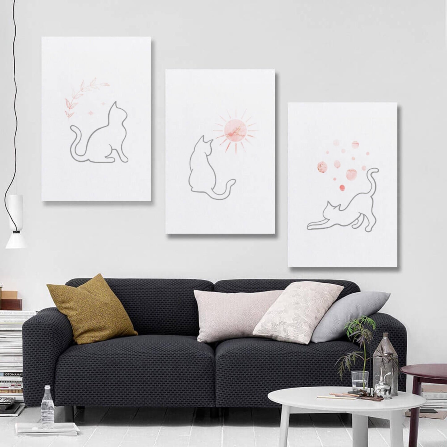 Grey Line Art Cat Set of 3 with Pink Bohemian Celestial Elements Wall Art Printable Canvas Poster Decor for Living Room Bedroom