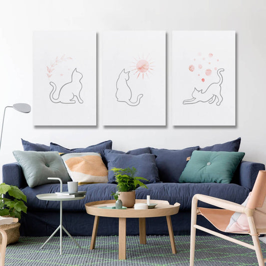 Grey Line Art Cat Set of 3 with Pink Bohemian Celestial Elements Wall Art Printable Canvas Poster Decor for Living Room Bedroom
