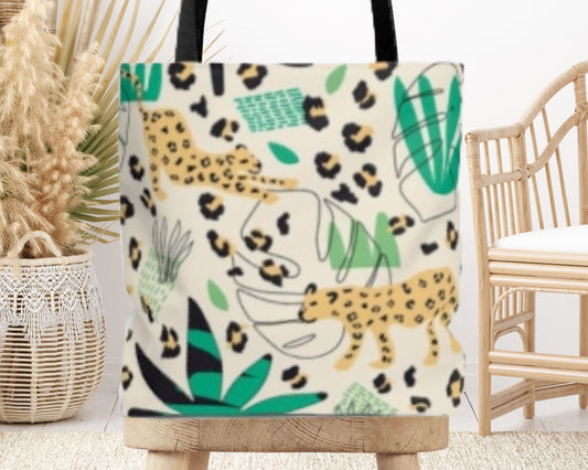 Hand-Painted Gold Leopard Pattern AOP Tote Bag, Unique Gift for Animal Lovers, Cheetah Gift, Cat Present, Cat Mom Gift
