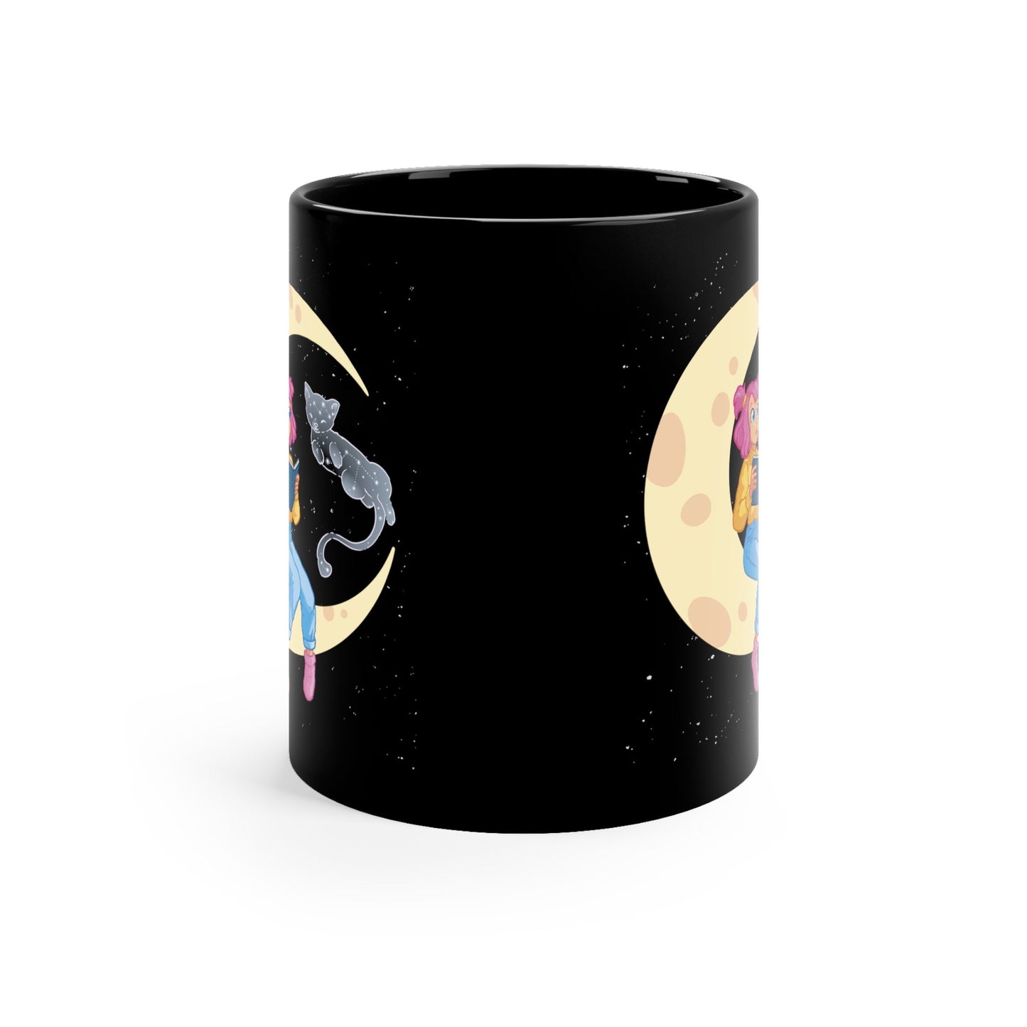 Celestial Girl and Cat on a Moon, Zodiac Gift, Gift for Cat Lover, Cat Present 11oz Black Mug