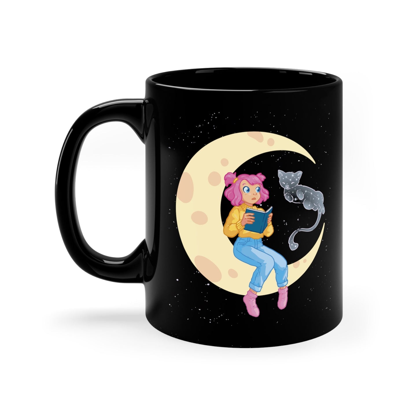 Celestial Girl and Cat on a Moon, Zodiac Gift, Gift for Cat Lover, Cat Present 11oz Black Mug