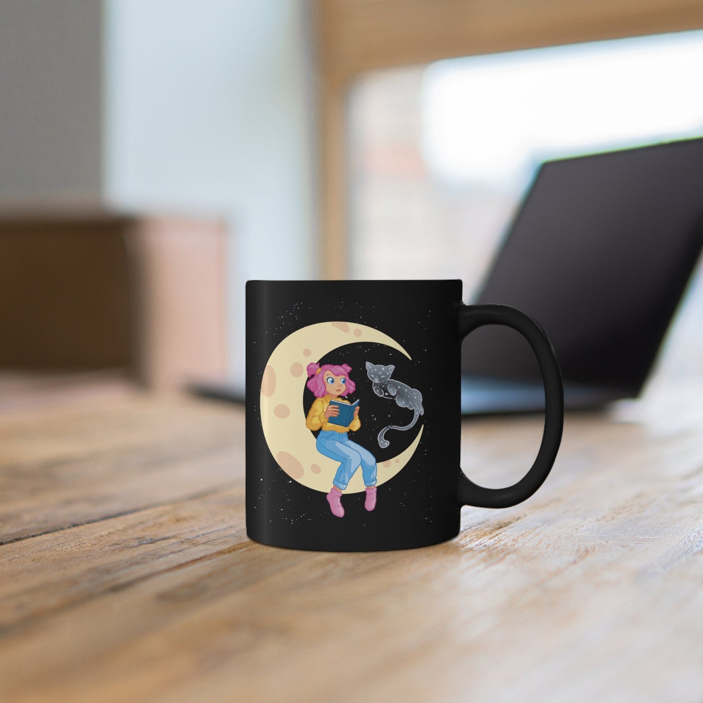 Celestial Girl and Cat on a Moon, Zodiac Gift, Gift for Cat Lover, Cat Present 11oz Black Mug
