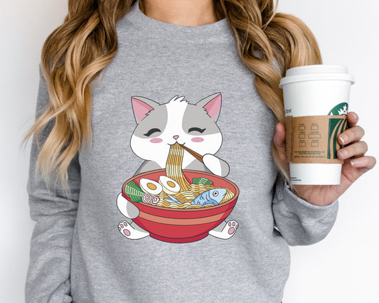 Cat Ramen Sweatshirt, Kawaii Anime Sweatshirt, Japanese Long Sleeve Shirt, Korean Noodle Tee, Cute Ramen Kitten Graphic Crewneck Sweatshirt