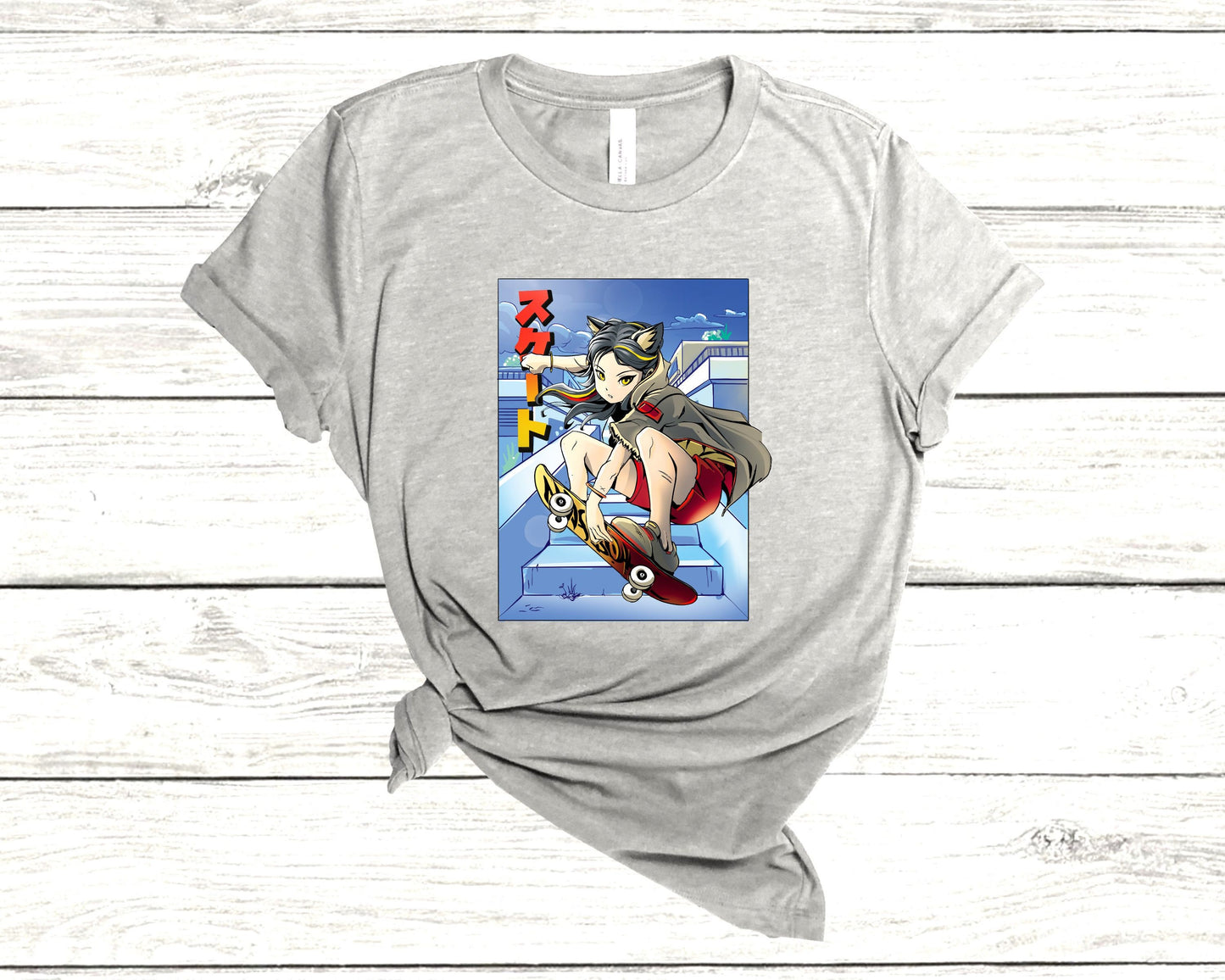 Anime Cat Girl Skateboarding, Gift for Boarder Anime Lover, Skater Shirt, Cat Lover Gift, Unisex Jersey Short Sleeve Tee