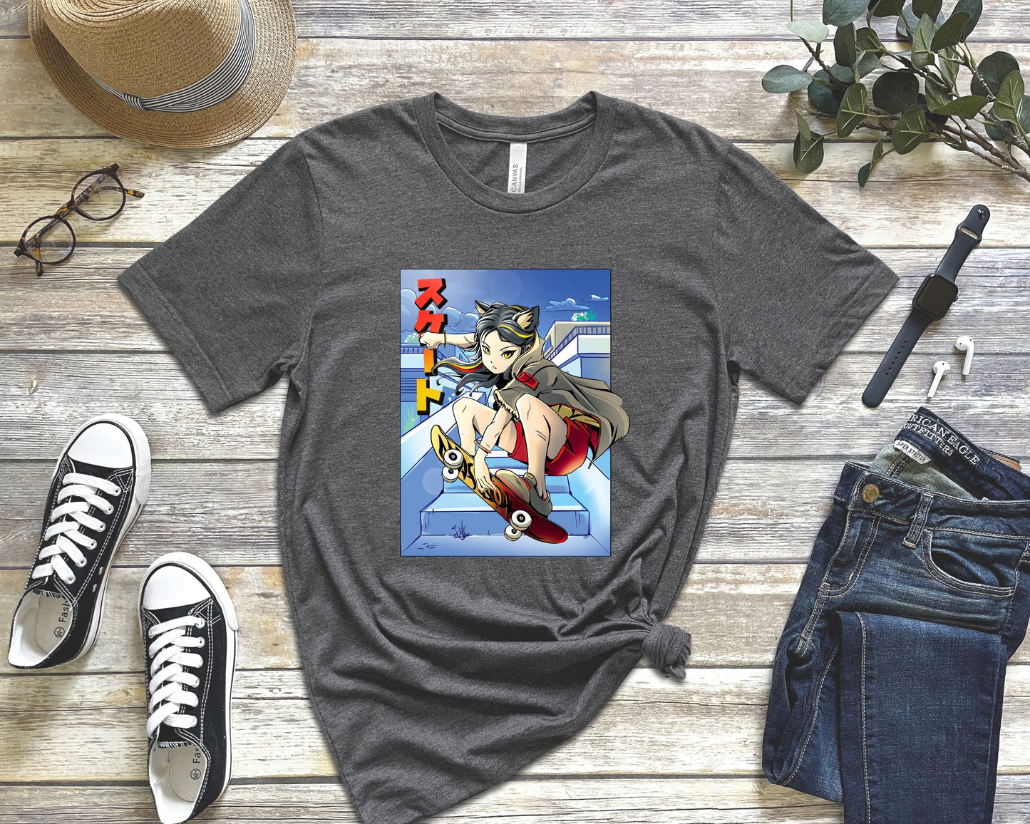 Anime Cat Girl Skateboarding, Gift for Boarder Anime Lover, Skater Shirt, Cat Lover Gift, Unisex Jersey Short Sleeve Tee