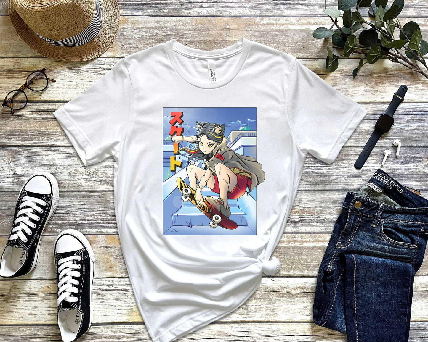 Anime Cat Girl Skateboarding, Gift for Boarder Anime Lover, Skater Shirt, Cat Lover Gift, Unisex Jersey Short Sleeve Tee