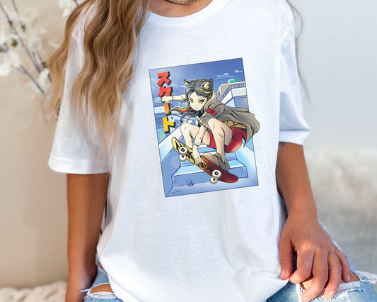 Anime Cat Girl Skateboarding, Gift for Boarder Anime Lover, Skater Shirt, Cat Lover Gift, Unisex Jersey Short Sleeve Tee