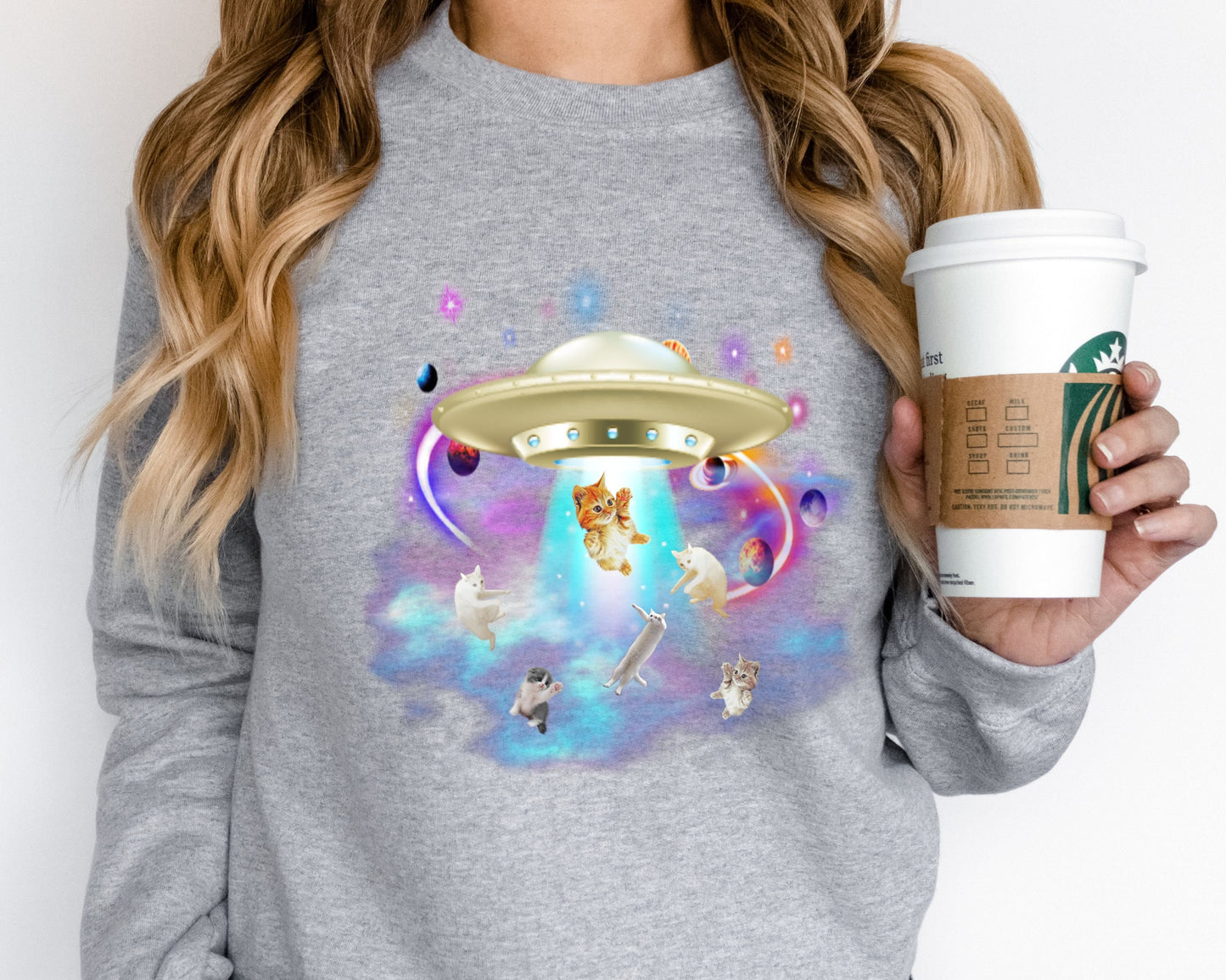 Cat UFO Abduction Unisex Heavy Blend Crewneck Sweatshirt, Funny UFO Cat Shirt, Catduction Gift for Cat Lovers