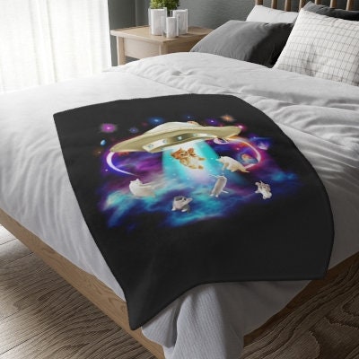 Cat Abduction, Cat UFO Abduction, Funny UFO Cat Throw, Catduction Gift for Cat Lovers, Velveteen Minky Blanket (Two-sided print)