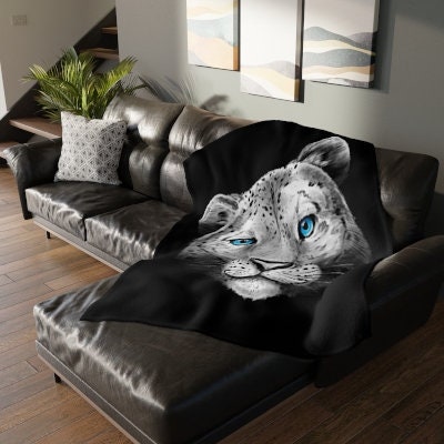 Snow Leopard Portrait Blanket, Blue Eyed Cat Throw, Gift for Cat Lovers, Velveteen Minky Blanket (Two-sided print)