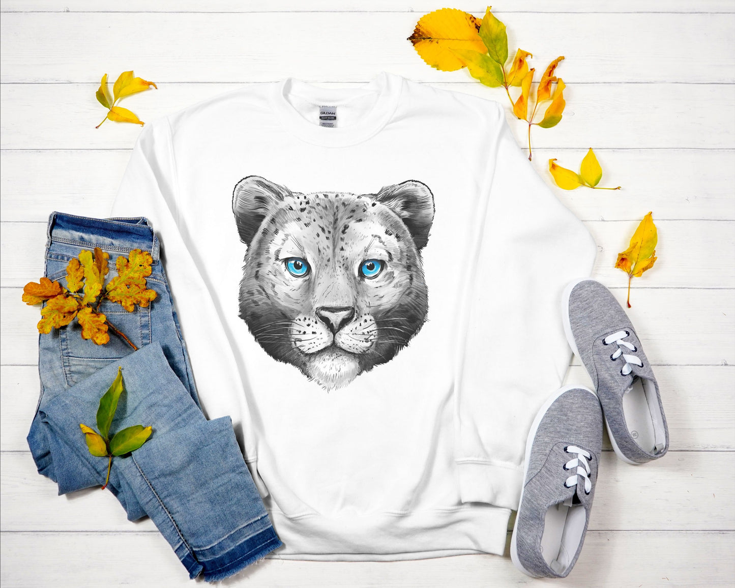 Snow Leopard Portrait Sweatshirt, Blue Eyed Cat Shirt, Gift for Cat Lovers, Snow Leopard Gift, Unisex Heavy Blend Crewneck Sweatshirt