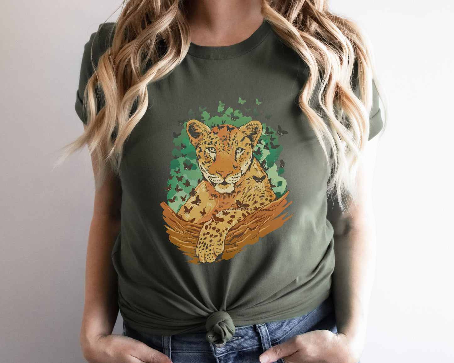 Leopard and Butterflies Tee, Gift for Cat Lovers, Leopard Gift, Butterfly Gift, Gift for Cat Lover, Unisex Jersey Short Sleeve Tee