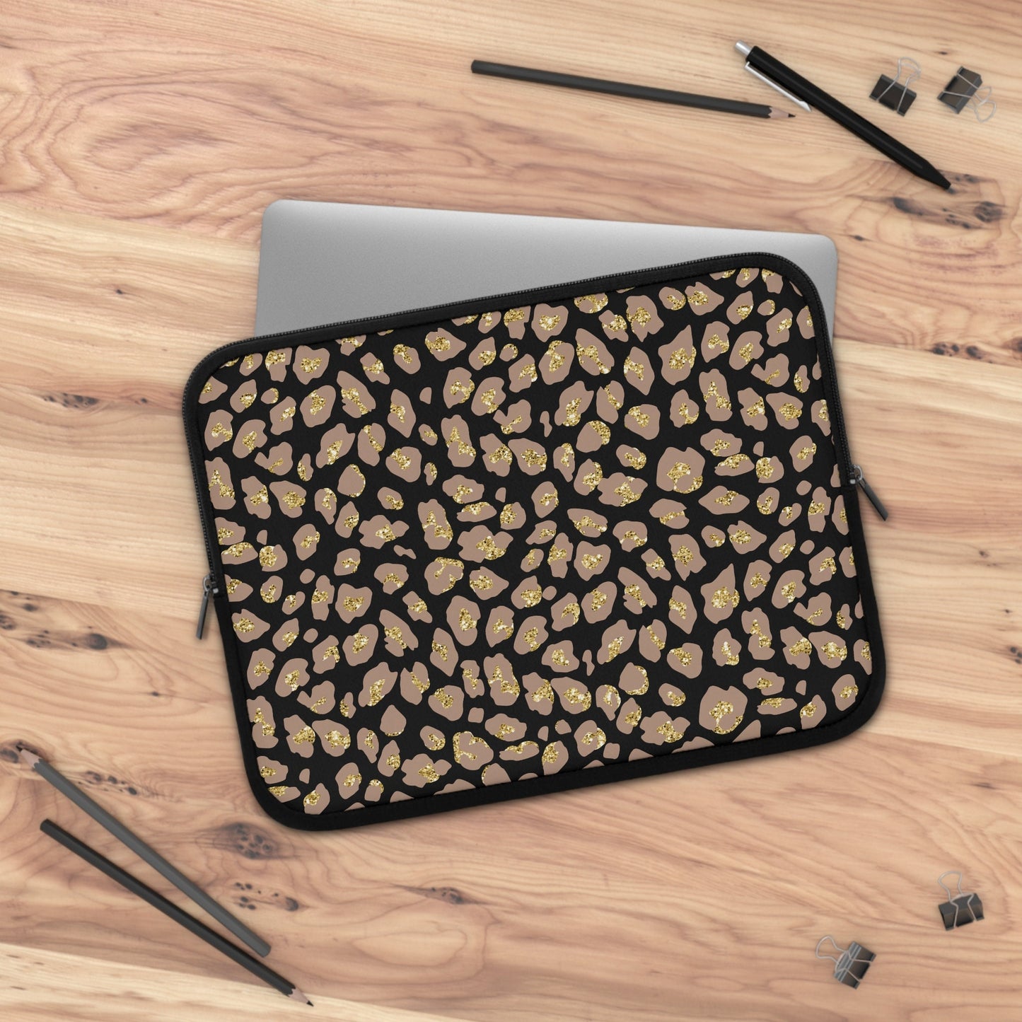 Leopard Print Laptop Sleeve with Gold, Macbook Sleeve, Tablet Cover, Zippered Laptop Cover, Animal Print Gift, Laptop Sleeve