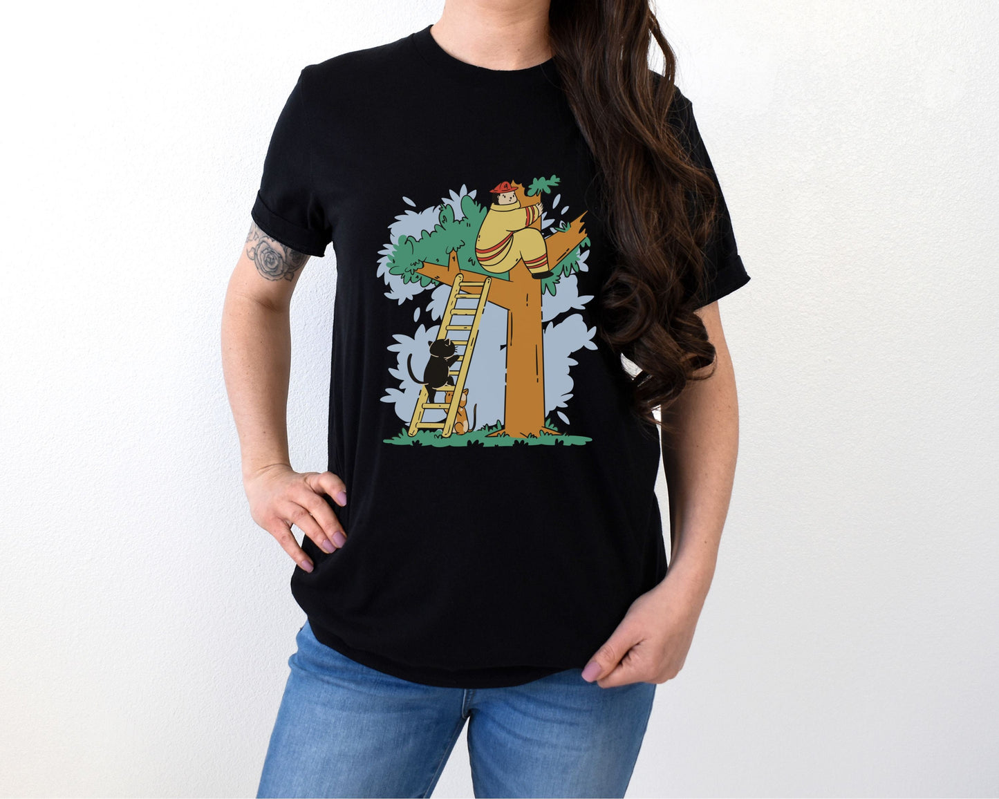 Cats Rescuing Firefighter, Funny Cat Tee, Firefighter Tshirt, Gift for Cat Lover Firefighter, Fire Rescue Gift, Unisex Heavy Cotton Tee