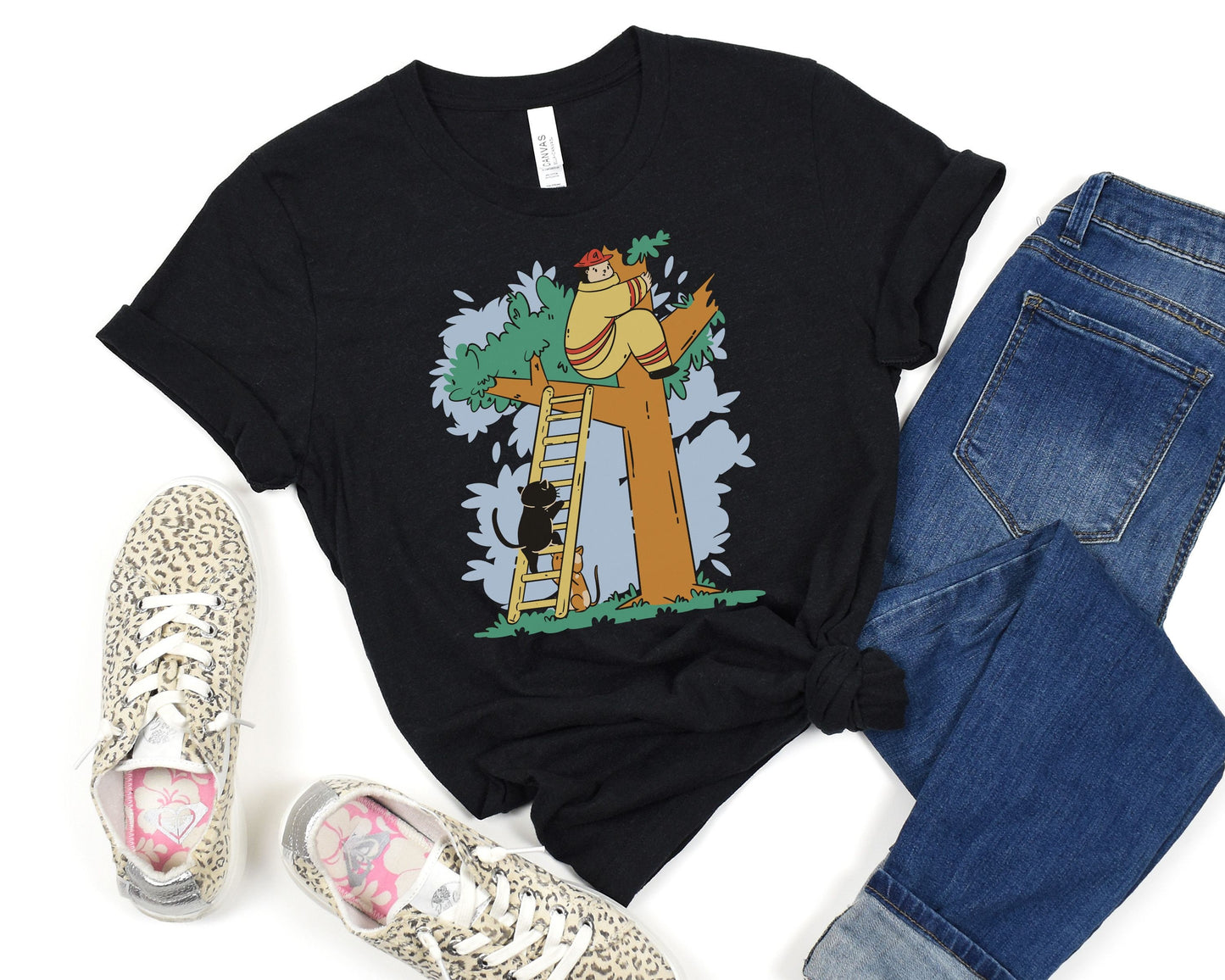 Cats Rescuing Firefighter, Funny Cat Tee, Firefighter Tshirt, Gift for Cat Lover Firefighter, Fire Rescue Gift, Unisex Heavy Cotton Tee