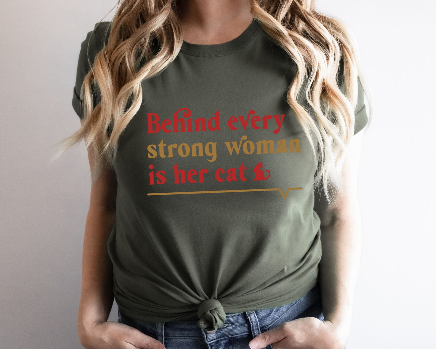 Funny Cat Shirt, Behind Every Strong Woman is Her Cat, Gift for Cat Lover, Cat Mom Present, Mother's Day Tee, Unisex Jersey Short Sleeve Tee