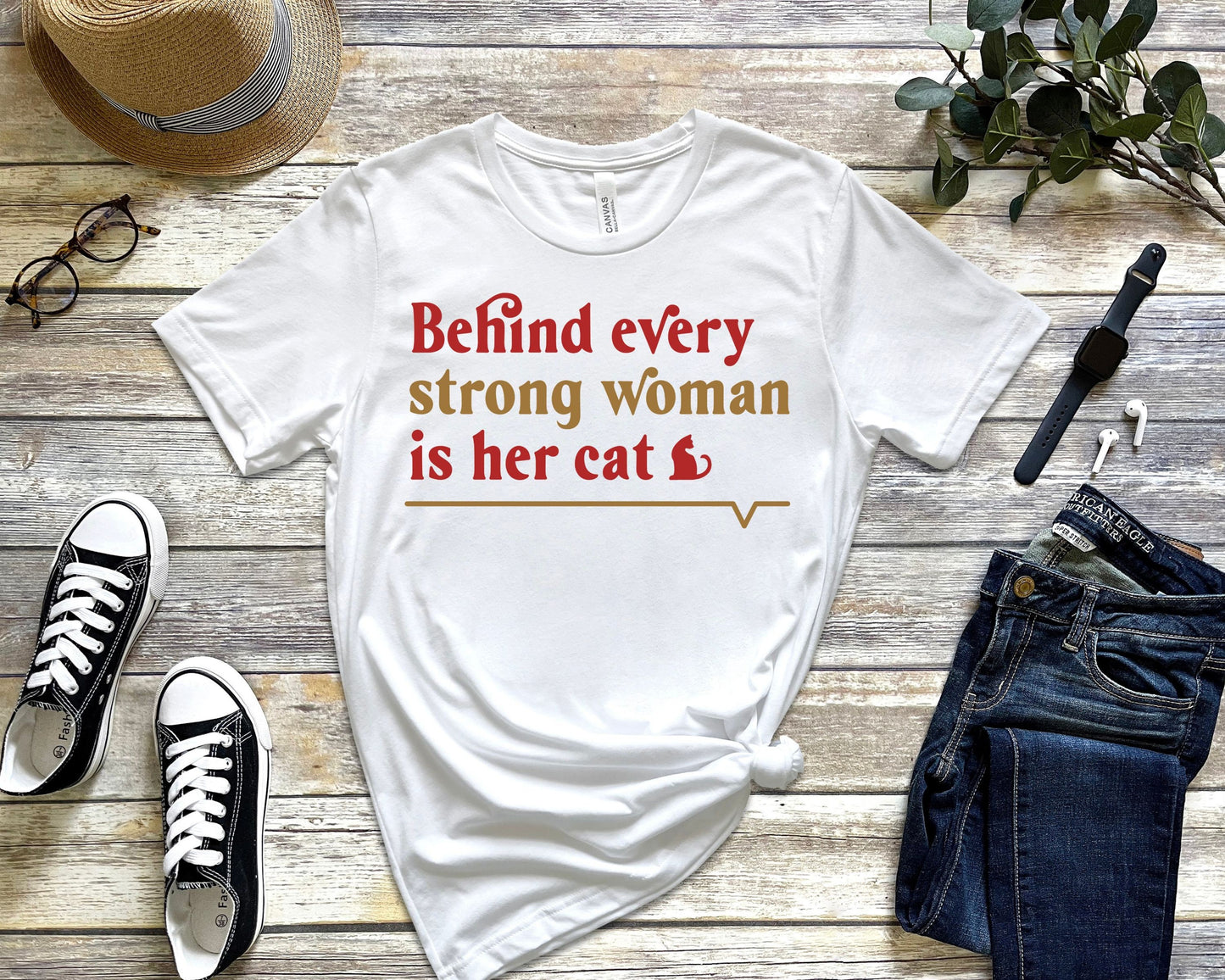 Funny Cat Shirt, Behind Every Strong Woman is Her Cat, Gift for Cat Lover, Cat Mom Present, Mother's Day Tee, Unisex Jersey Short Sleeve Tee