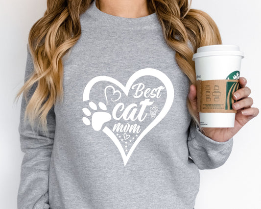 Best Cat Mom Sweatshirt with Heart and Paw, Gift for Cat Mom, Mother's Day Cat Gift, Cat Mama Tee