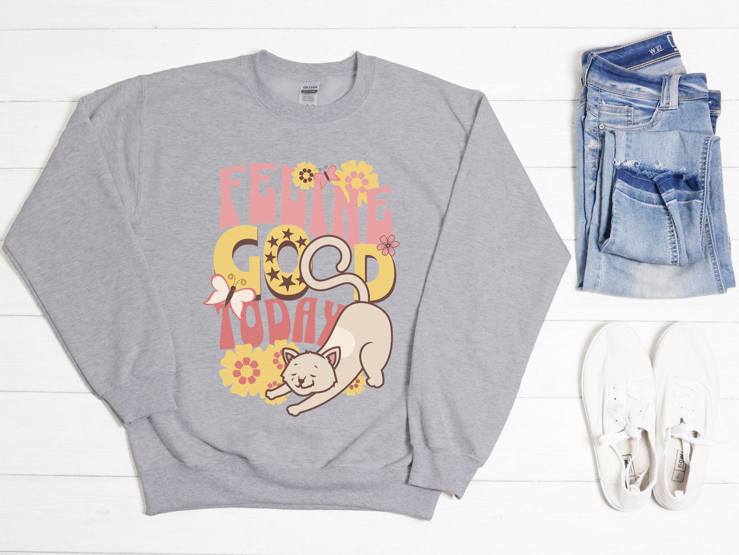 Funny Cat Sweatshirt, Feline Good Today, Cute Retro Style Cat Tee, Vintage Flower Child Design Cat Shirt, Gift for Cat Lover