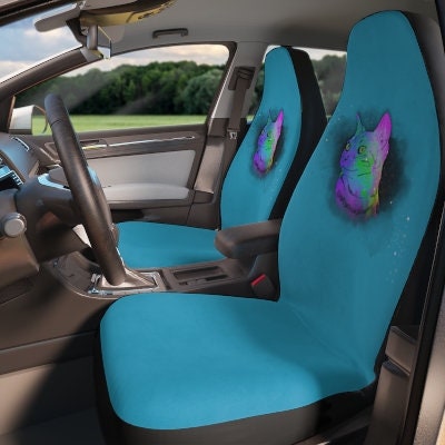 Turquoise Rainbow Space Cat Seat Covers Pair, 2 Front Car Seat Covers, Seat Cover for Car, Car Seat Protector, Car Accessory, Cat Present