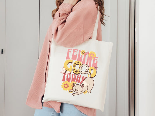 Funny Cat Tote, Feline Good Today, Cute Retro Style Cat Tote, Vintage Flower Child Design Cat Tote, Gift for Cat Lover, Canvas Tote Bag