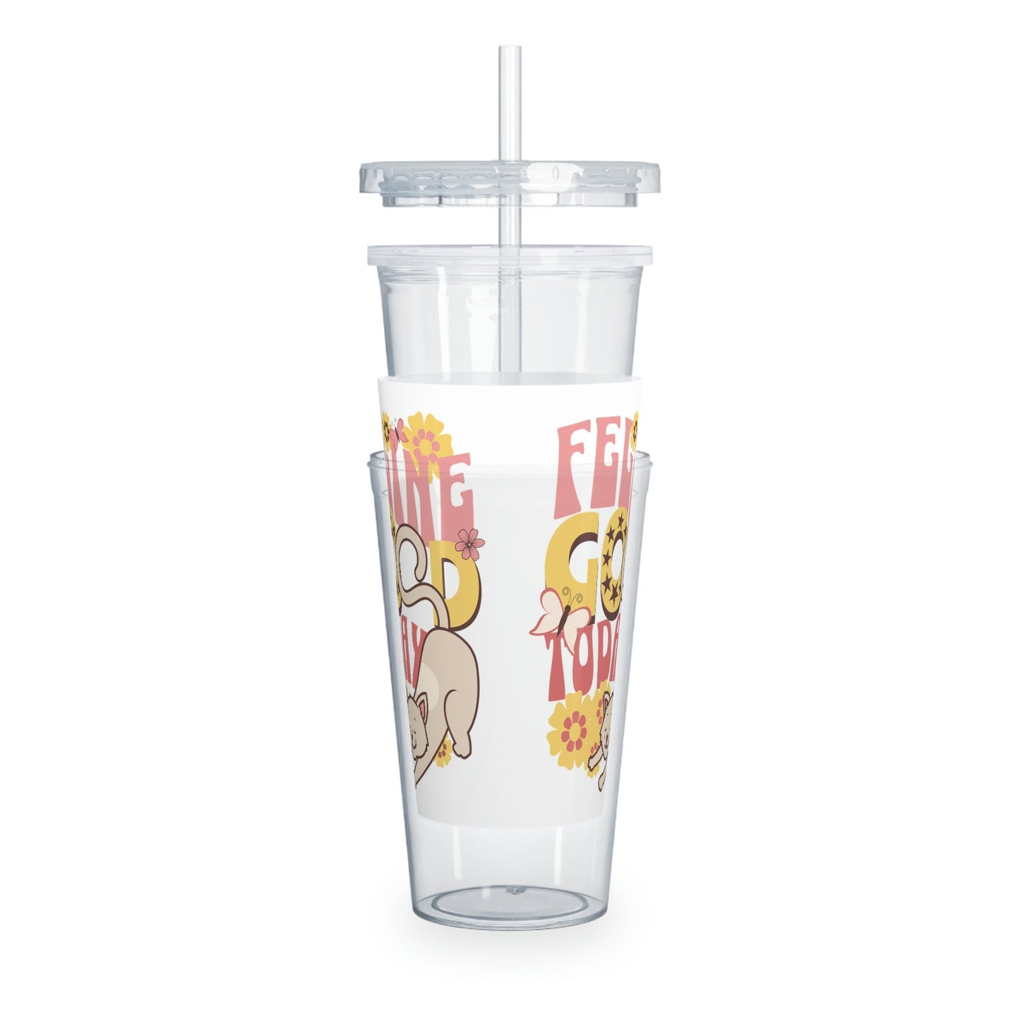 Cute Cat Mug, Feline Good Today, Tumbler with Straw, Vintage Flower Child Designr, Gift for Cat Lover, Plastic Tumbler with Straw