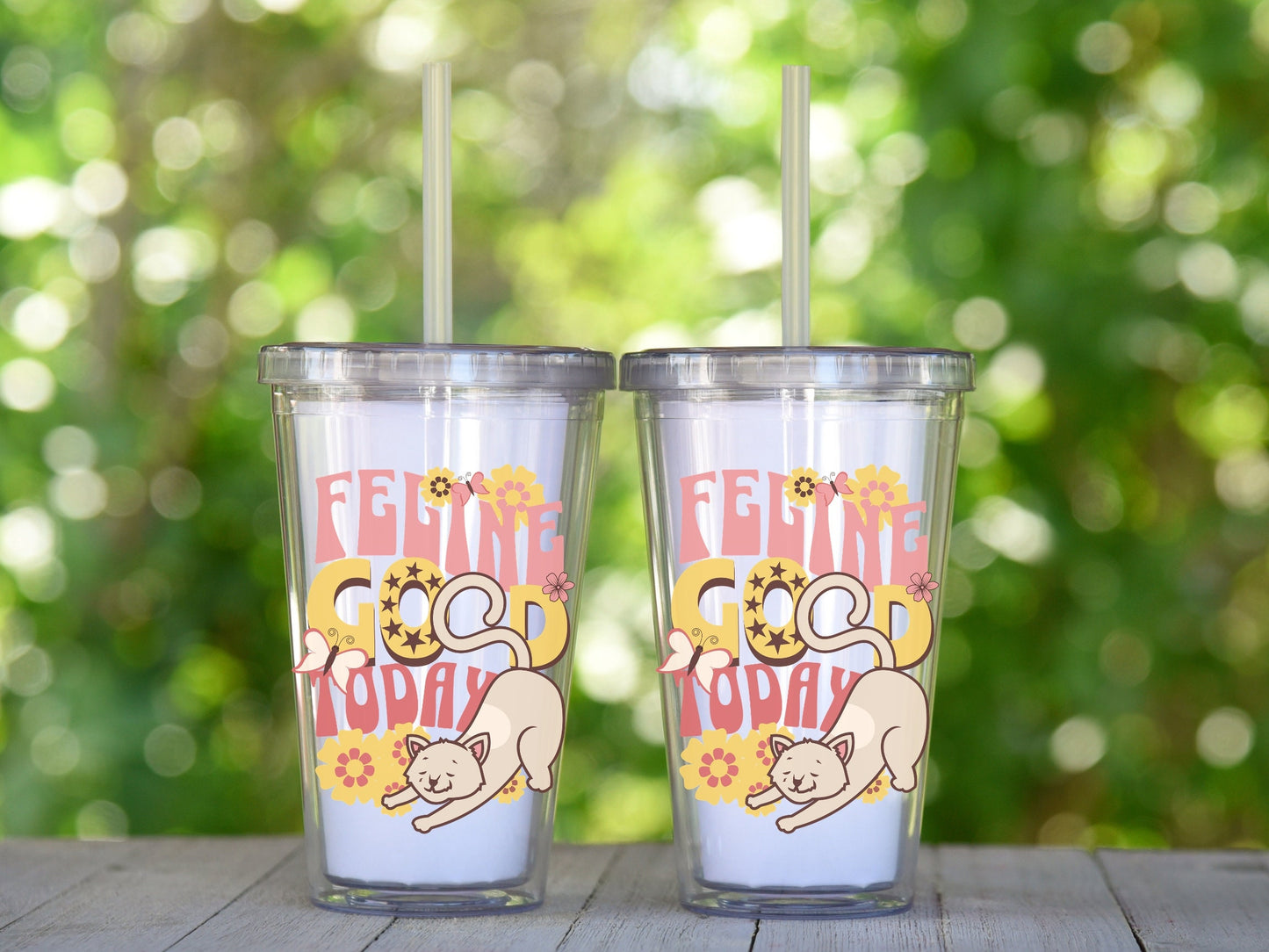 Cute Cat Mug, Feline Good Today, Tumbler with Straw, Vintage Flower Child Designr, Gift for Cat Lover, Plastic Tumbler with Straw