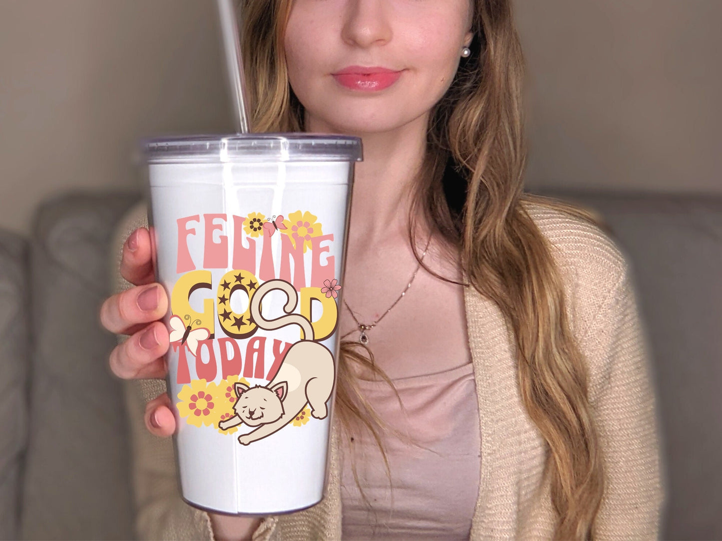 Cute Cat Mug, Feline Good Today, Tumbler with Straw, Vintage Flower Child Designr, Gift for Cat Lover, Plastic Tumbler with Straw