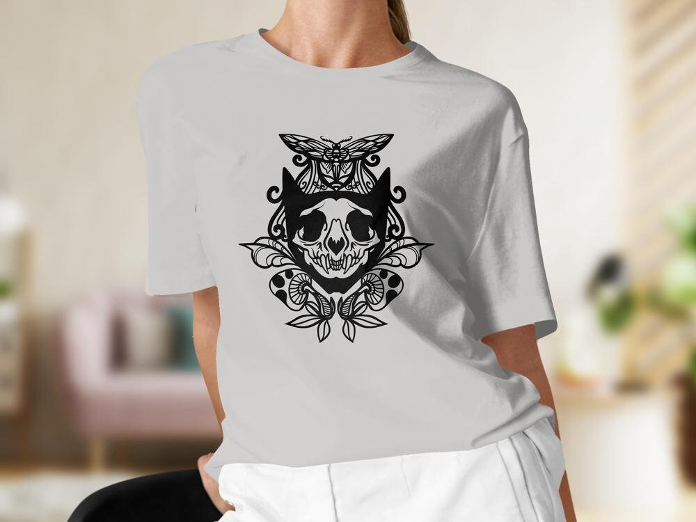 Celestial Cat Skull Tshirt with Mushroom Butterfly, Candy Skull Witchy Tshirt for Women