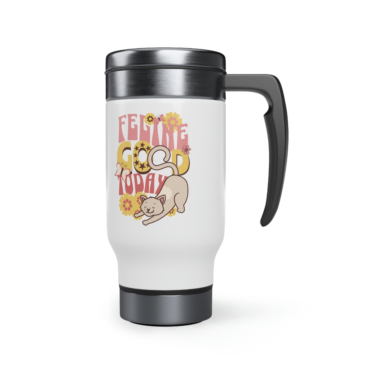Cute Cat Travel Mug, Feline Good Today, Stainless Steel Mug, Vintage Flower Child Design, Gift for Cat Lover, 14 Oz