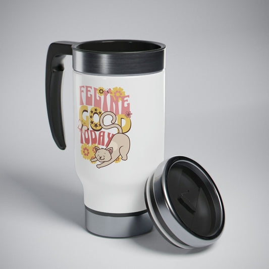 Cute Cat Travel Mug, Feline Good Today, Stainless Steel Mug, Vintage Flower Child Design, Gift for Cat Lover, 14 Oz