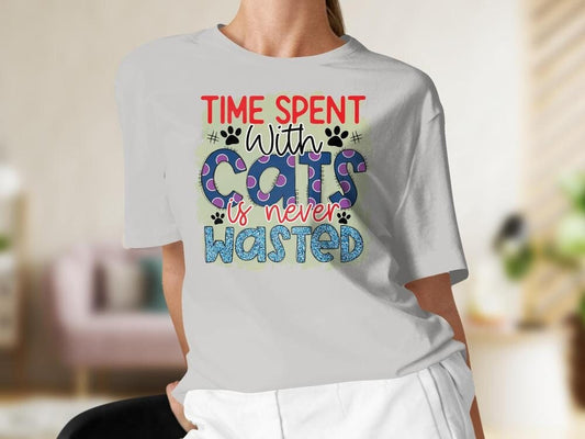 No Time Spent With Cats is Wasted, Colorful Tshirt for Women, Polkadot Cat Lover Gift For Her, Gift for Cat Mama, Cat Present for Cat Owners
