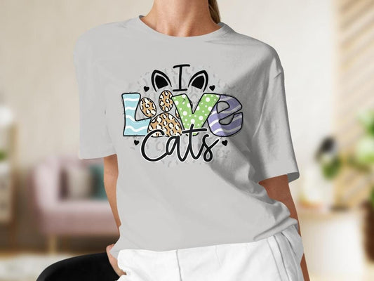 I Love Cats, Cat Lover Colorful Tshirt for Women, Dots and Stripes Cat Lover Gift For Her, Gift for Cat Mama, Cat Present for Cat Owners