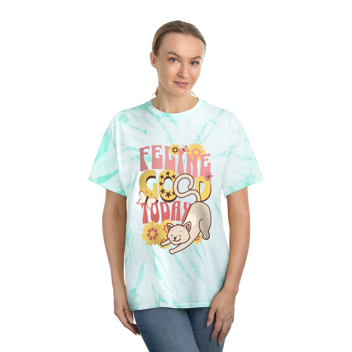 Tie-Dye Cat Tee, Feline Good Today, Cute Retro Style Cat T-Shirt, Vintage Flower Child Design Shirt, Gift for Cat Lover
