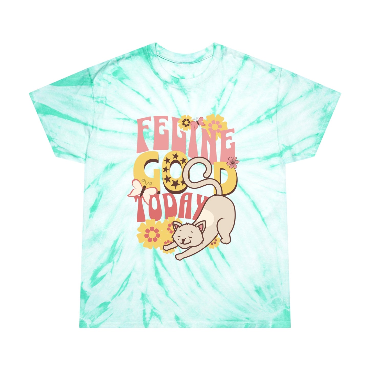 Tie-Dye Cat Tee, Feline Good Today, Cute Retro Style Cat T-Shirt, Vintage Flower Child Design Shirt, Gift for Cat Lover