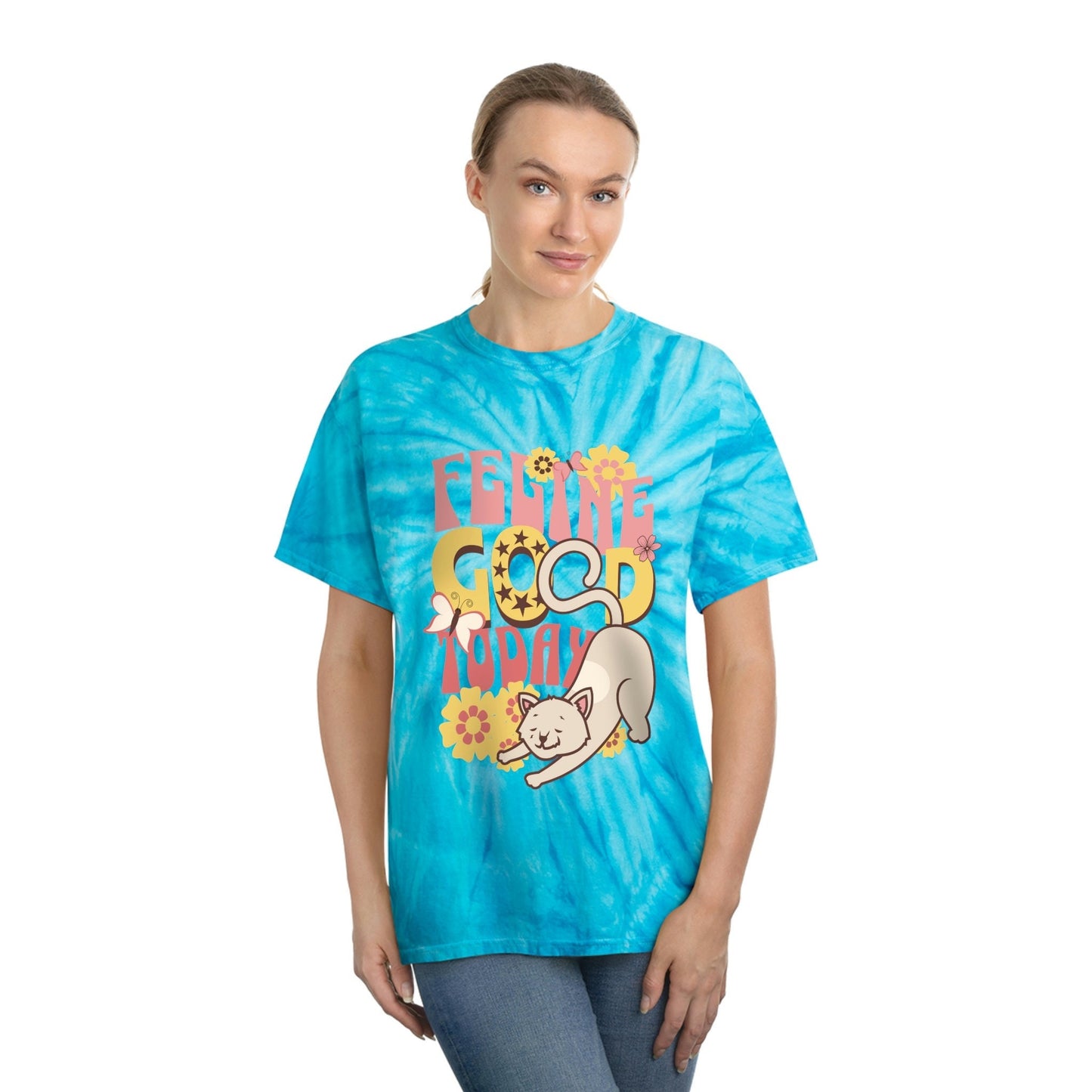 Tie-Dye Cat Tee, Feline Good Today, Cute Retro Style Cat T-Shirt, Vintage Flower Child Design Shirt, Gift for Cat Lover