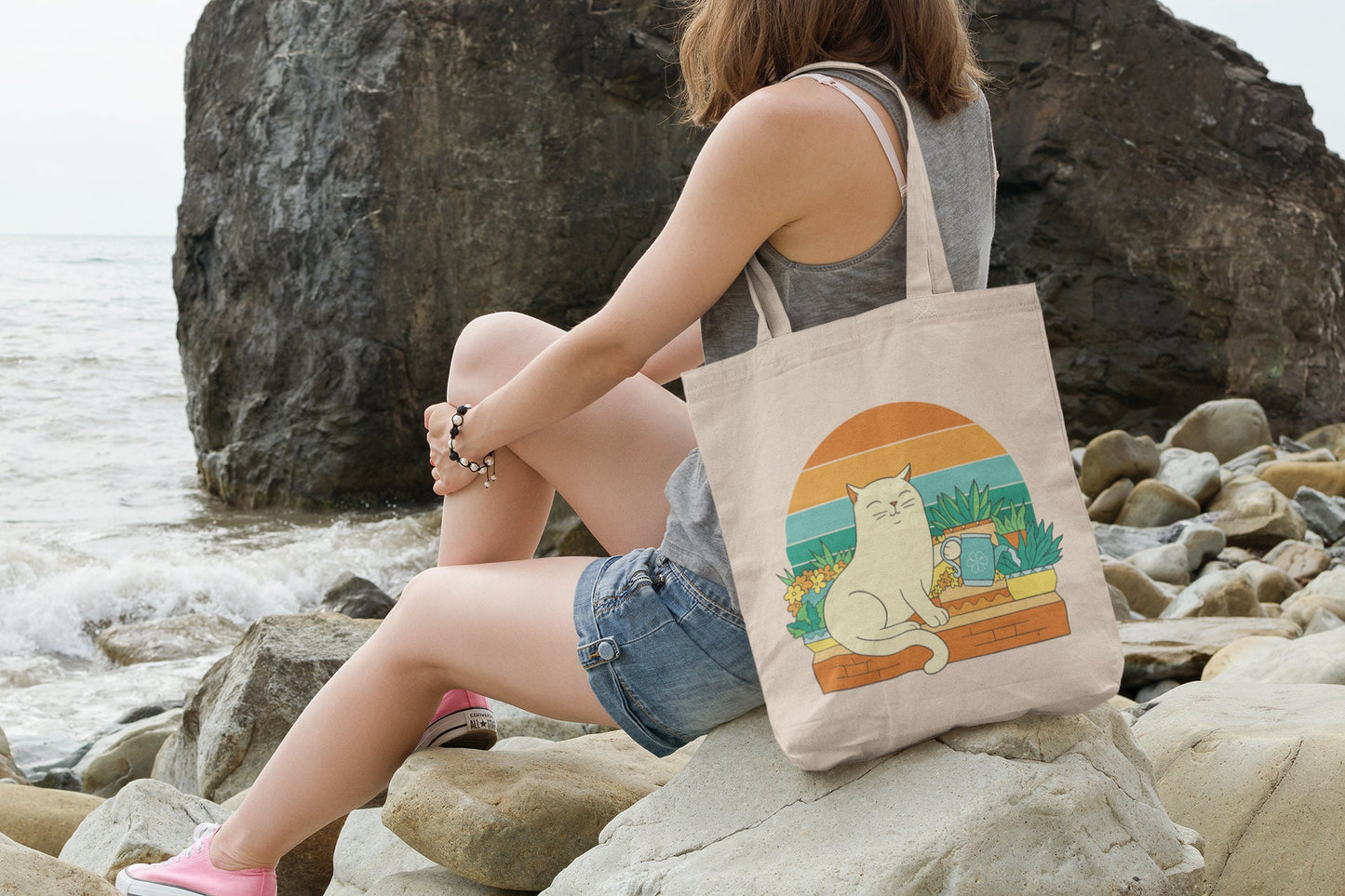 Cat Watering Plants, Cute Cat Tote Bag, Funny Gardening Sac, Shopping Bag for Plant Lover, Cat and Plant Lover Gift, Mother's Day Gift