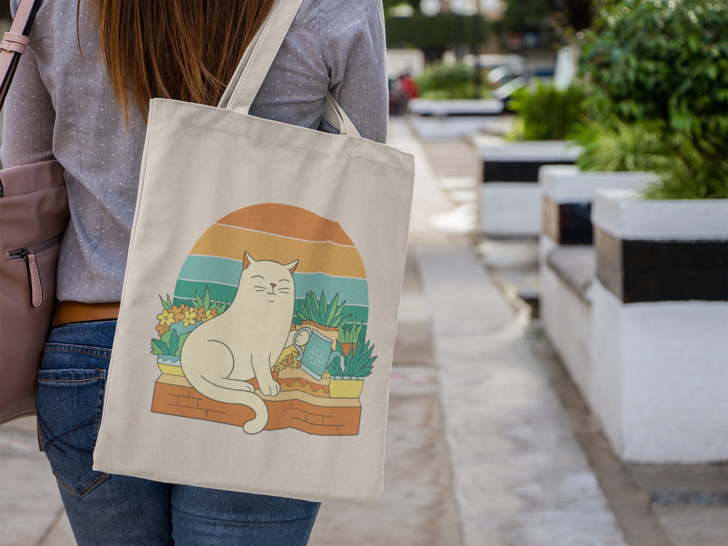 Cat Watering Plants, Cute Cat Tote Bag, Funny Gardening Sac, Shopping Bag for Plant Lover, Cat and Plant Lover Gift, Mother's Day Gift
