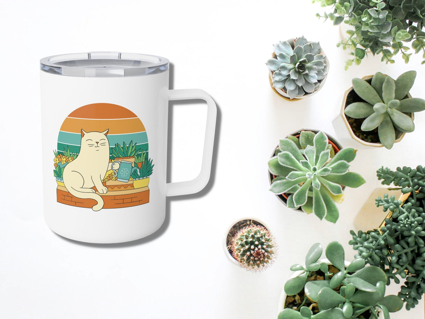 Cute Cat Travel Mug with Lid, Plant Lady Gift, Cats and Plants, Gift for Cat Lovers and Plant Lovers, Insulated Stainless Steel Travel Mug