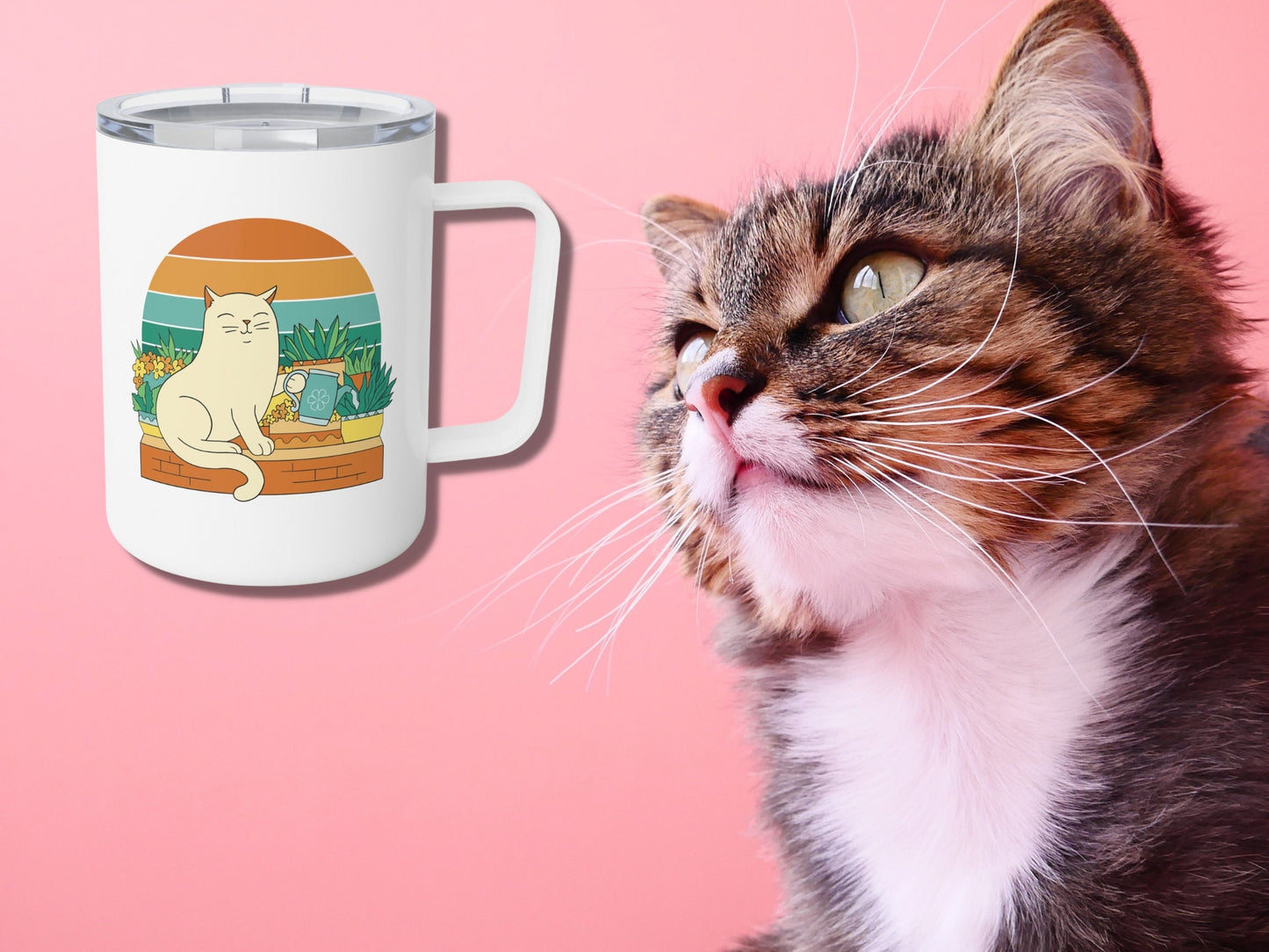 Cute Cat Travel Mug with Lid, Plant Lady Gift, Cats and Plants, Gift for Cat Lovers and Plant Lovers, Insulated Stainless Steel Travel Mug