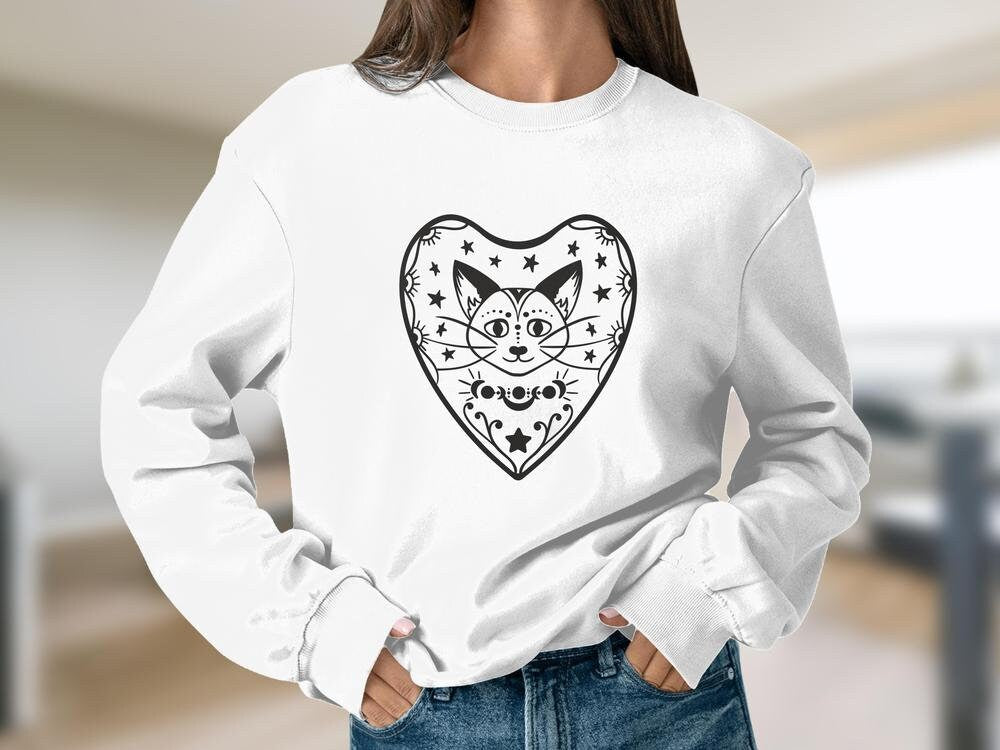 Mystic cat, Cat Moon Sweatshirt, Cat and Lunar Phases Sweatshirt, Celestial Tops, Witchy Gift Ideas for Cat Lovers