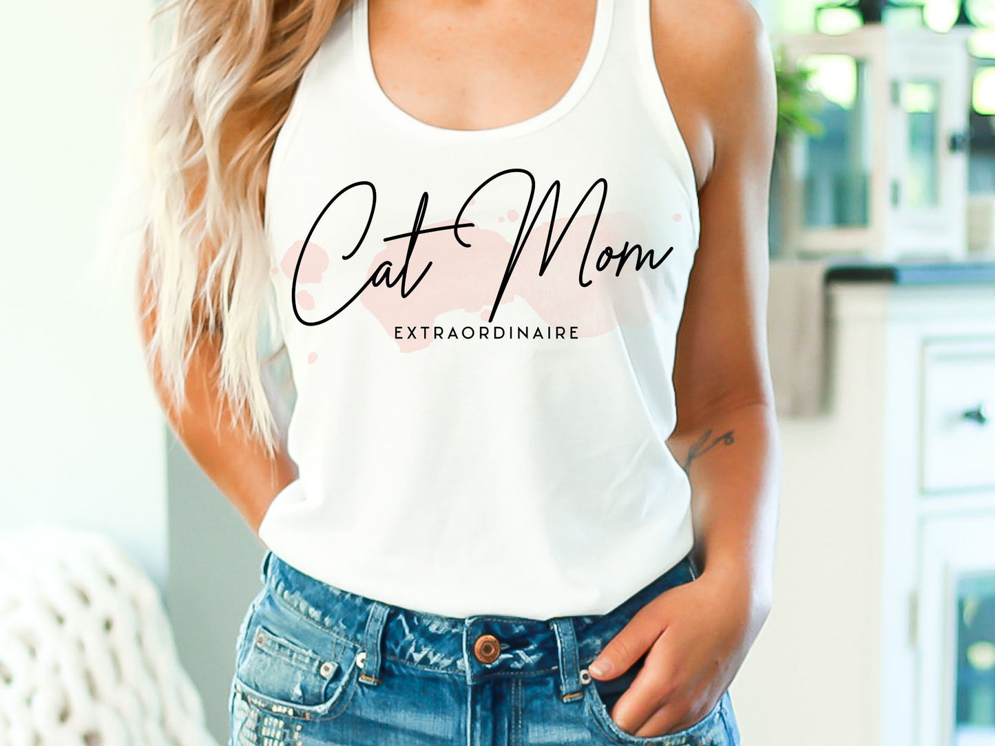 Cute Cat Mom Extraordinaire  Racerback Tank, Cat Mom Shirt, Minimalist Cat Top, Gift for Cat Owner, Boho Cat Mom Tee