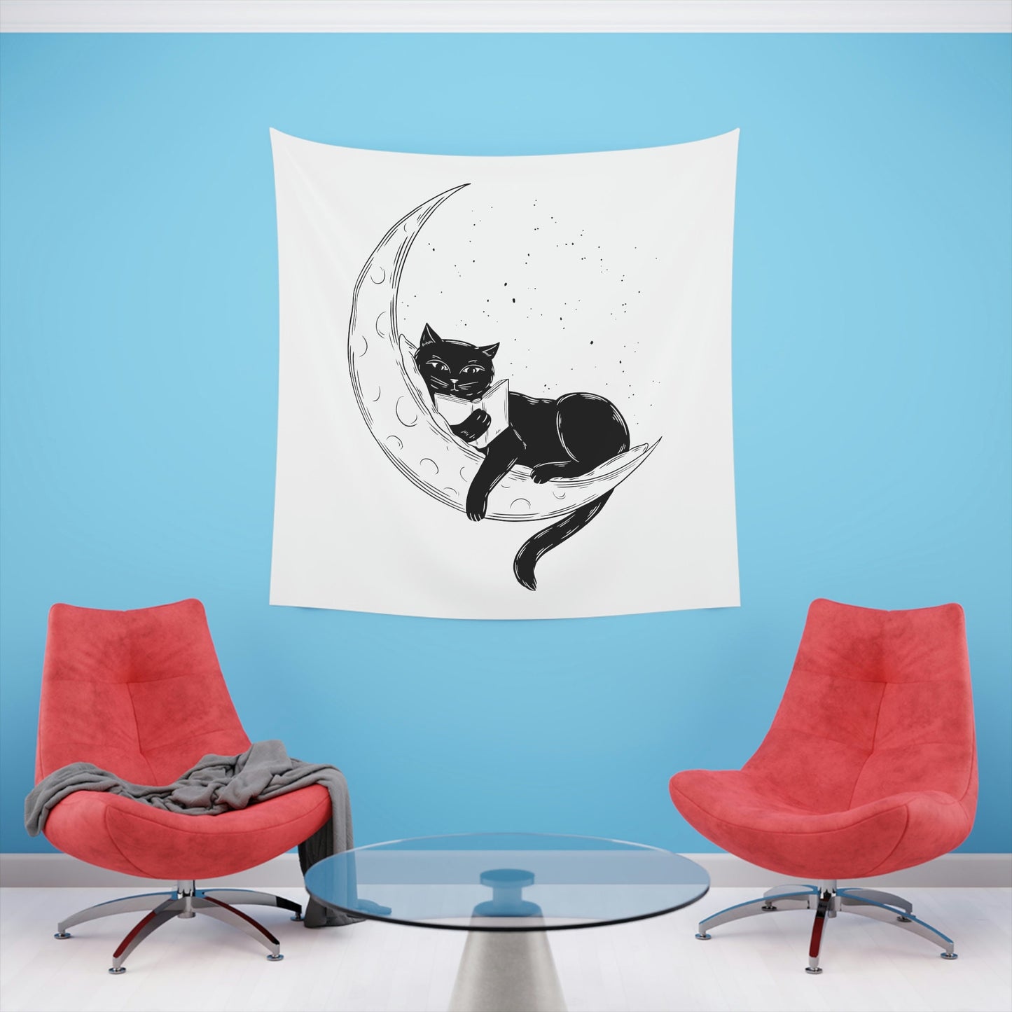 Celestial Cat Wall Tapestry, Black Cat Reading on the Moon, Cool Cat Art for Living Room, Housewarming Gift for Cat Lover