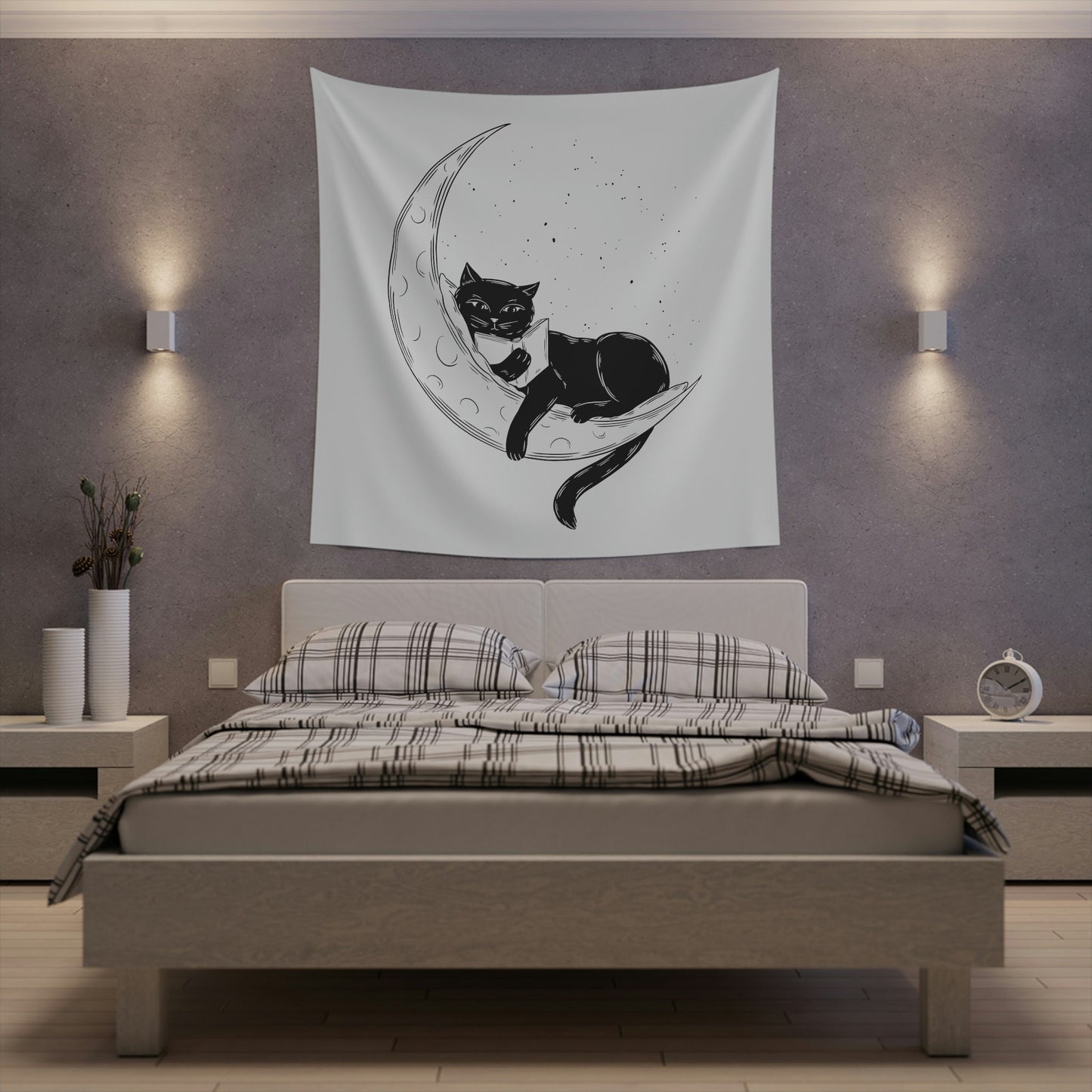 Celestial Cat Wall Tapestry, Black Cat Reading on the Moon, Cool Cat Art for Living Room, Housewarming Gift for Cat Lover