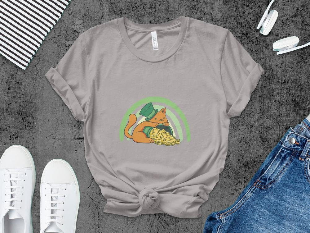 Funny Irish Cat T-Shirt for Cat Lovers, Pot of Gold Shirt, Rainbow Tee, St. Patricks Day Cat Tee, Funny Cat Shirt, Cat Wearing Green Top Hat